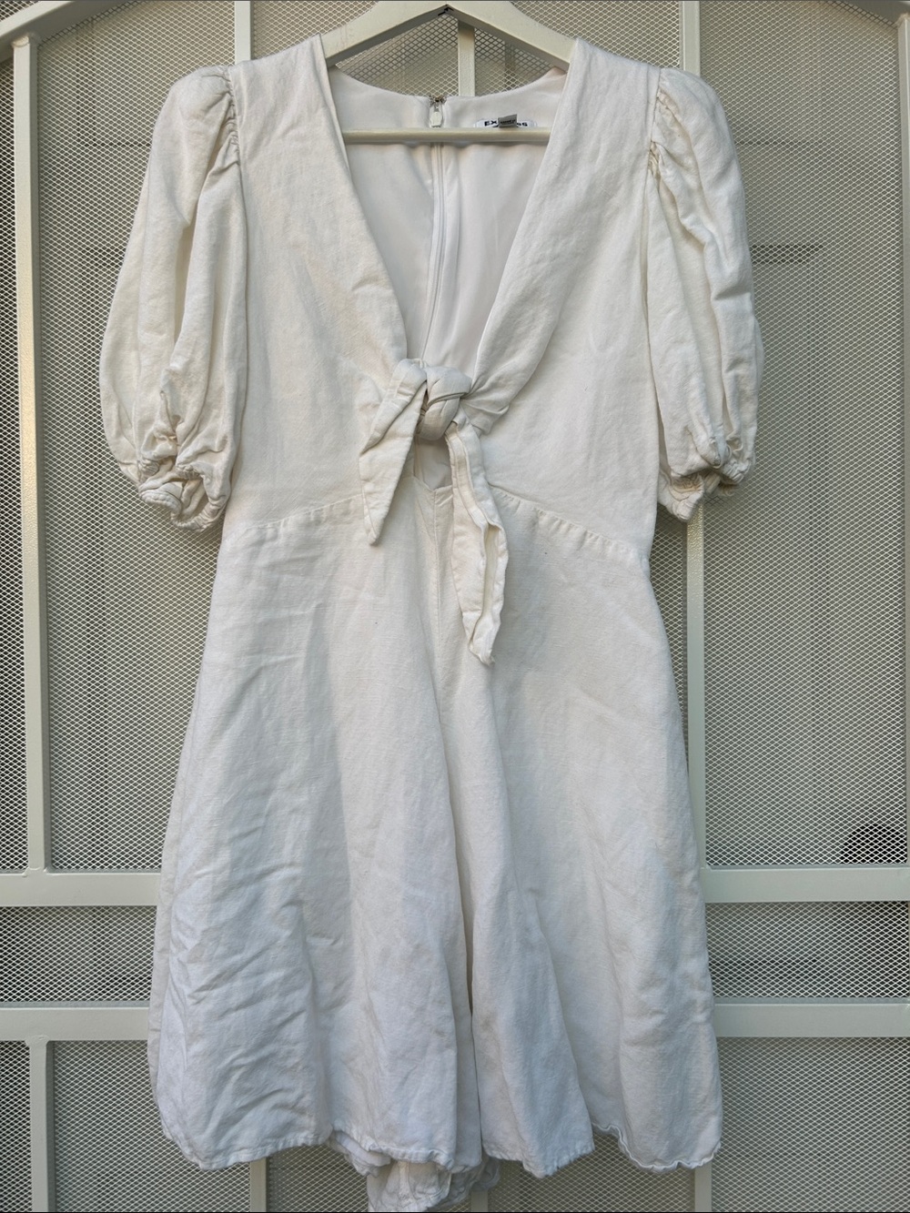 Women's Cream Tie-Front Puff Sleeve romper